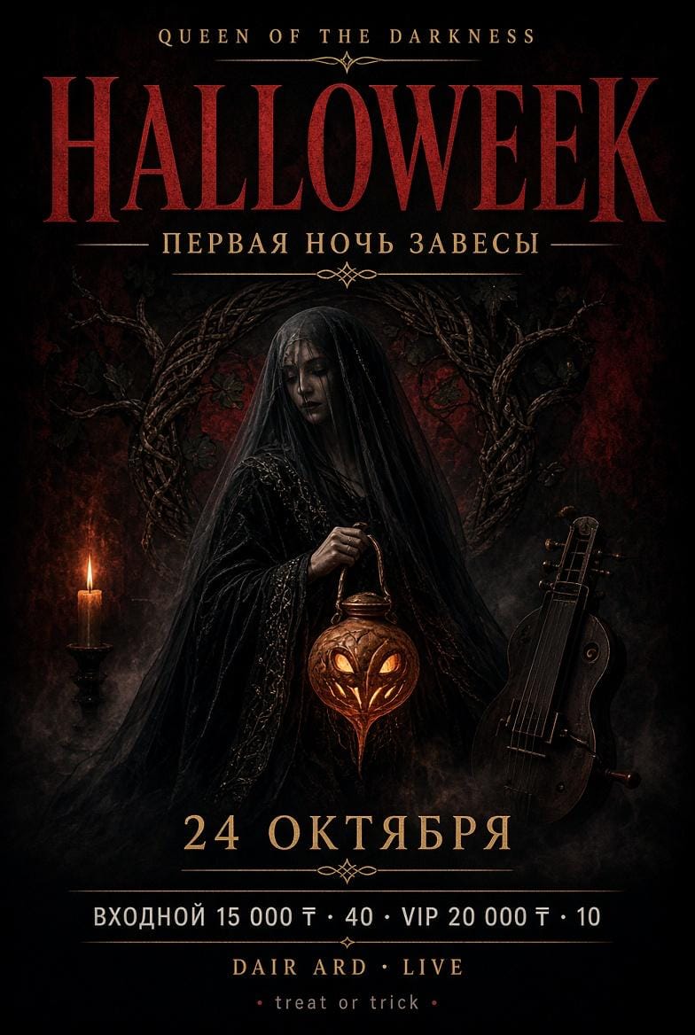 Афиша меропрития: Halloweek DAY 1: Открытие! Тематическая вечеринка: "Легенды Хэллоуина и Самайна" и концерт легендарной группы Dair Ard